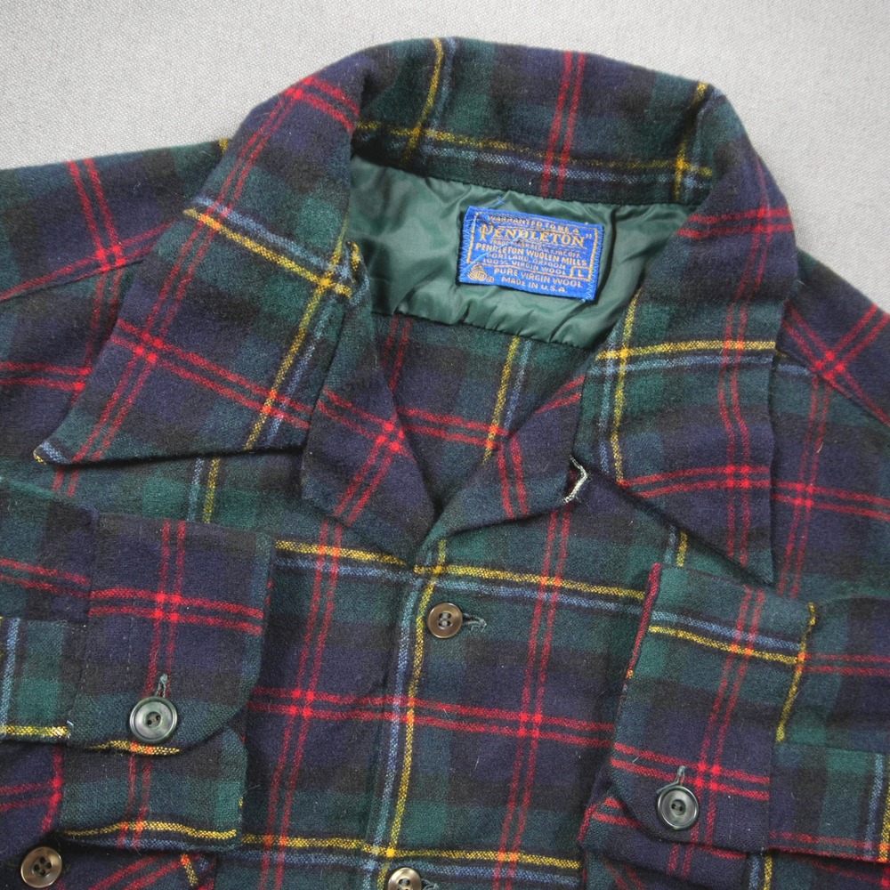 Pendleton Vintage Plaid Wool Men Board Shirt L Green Blue  Retro Cabin Flannel